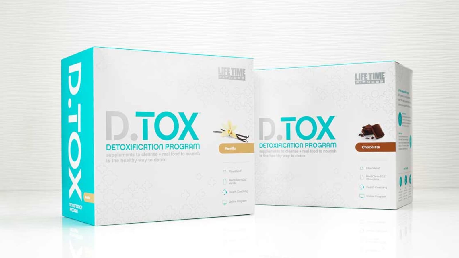 Two boxes of D.TOX products, representing vanilla and chocolate flavors
