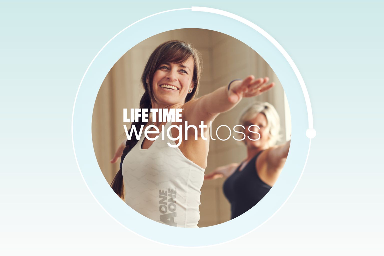 A circular photo of a smiling woman doing yoga with her arms outstretched in warrior pose is inset in a teal-colored rectangle. 