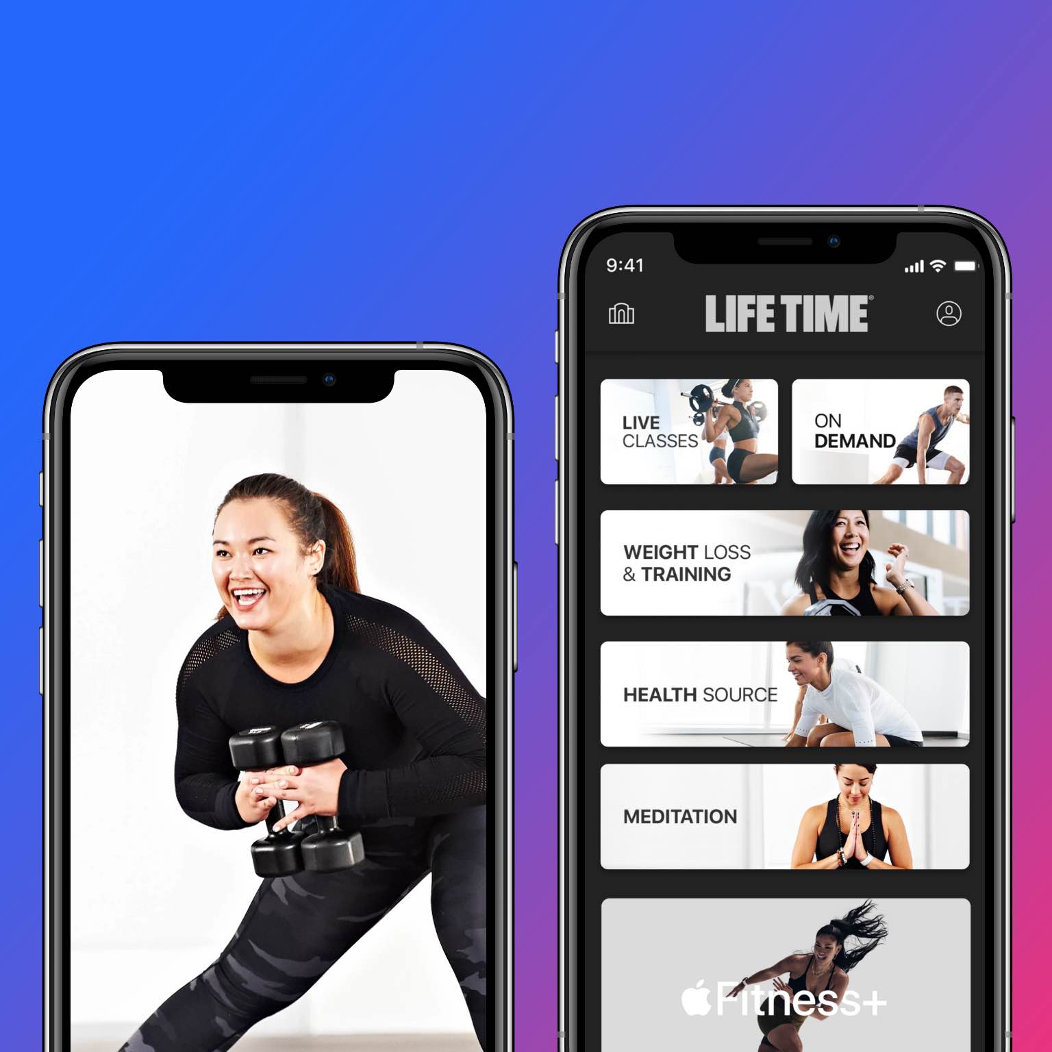 Smart phone screens showing on-demand classes and virtual training