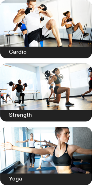a collage of three images featuring cardio workouts, strength workouts, and yoga workouts.