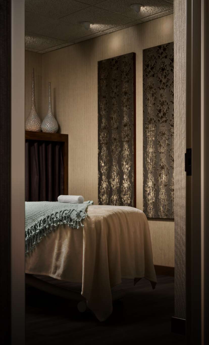 A massage table in a low lit room