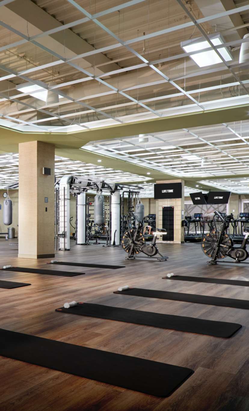 Yoga mats laid out in a workout floor area