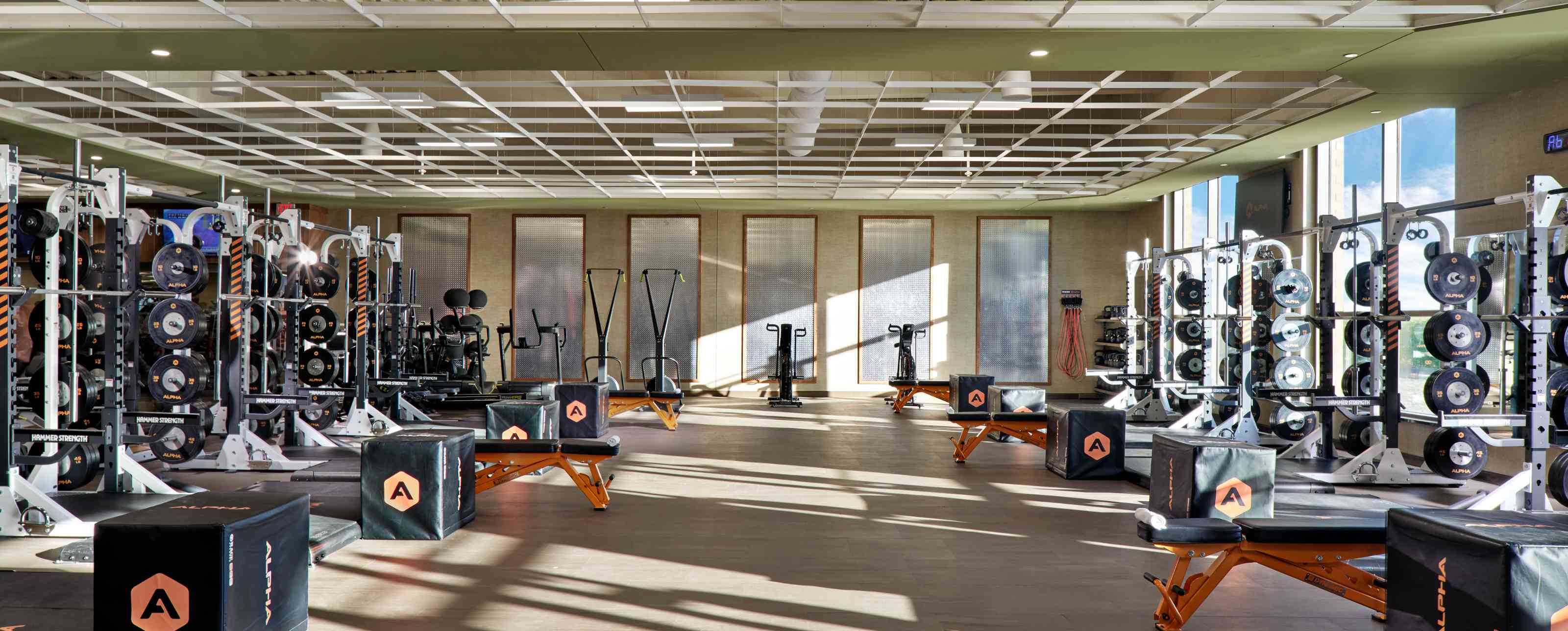 a large group training area with rows of squat racks